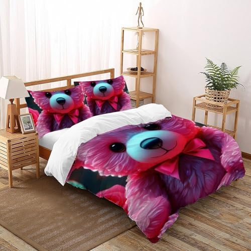 Housse de couette ours rose lit double microfibre 3D anti-plis fermeture éclair - 2