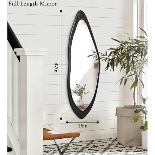 Image of AAZZKANG Irregular Wall Mirror Full Length Large with Wood Framed 47 inchx16 inch Black Asymmetrical Full Body Mirrors for Bedroom Living Room Entryway
