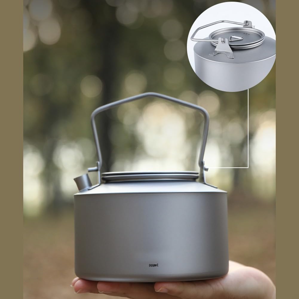 Wasserkocher aus reinem Titan, 980 ml, mit faltbarem Griff, für Outdoor-Enthusiasten (Frosted Style)