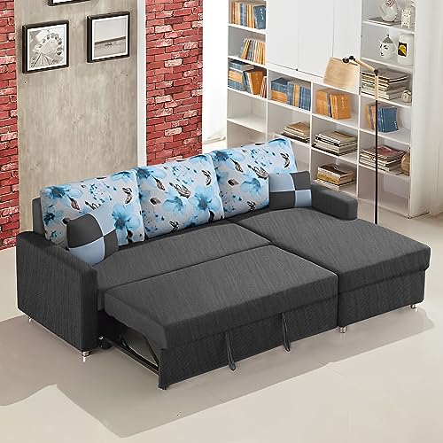 Image of Orland 4 Seater LHS L Shape Sofa Cum Bed for Living Room | Color - Dark Grey | Premium Fabric Sofa