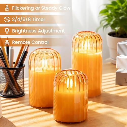 Image of Amber Ribbed Battery Candles - Glass Flameless Candles with Remote Timer, Orange LED Candles with Pumpkin Shape, Lasting 350 Hrs and Brightness Adjustment, Φ 3 inch H 4 inch 6 inch, Set of 3 for Halloween Decor