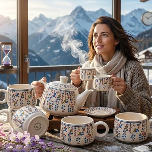 Image of DMRD MART-Handcrafted Ceramic Stag 7PC Tea Cup Set with Kettle Safe 6 Cups 1 Kettle | Tea Pot Set 1000ml Ceramic Porcelain Cup Set of 6 Perfect for Serving Coffee Green. (Leaf 7pc)