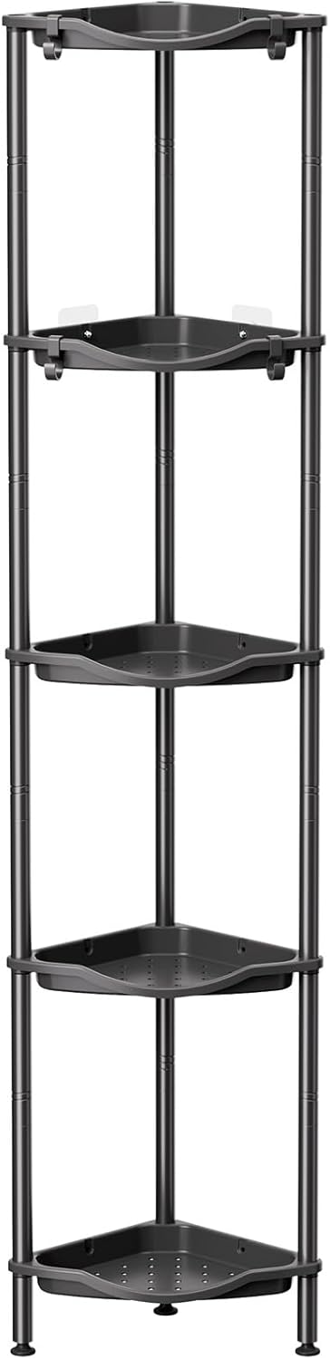 Lifewit 5 Tier Floor Standing Shower Caddy Corner, Plastic Bathroom Organizer Shelf Rack for Storage Shampoo, Body Wash Care, Skincare, Black