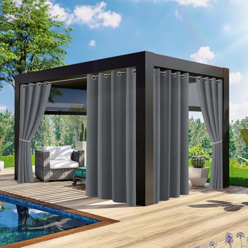Fogmiea Outdoor Vorhang H213 x B254cm Blickdicht Wasserdicht Outdoorvorhänge Wetterfest mit ösen Outdoor Gardinen Sichtschutz Sonnenschutz für Garten Terrasse Balkon Pavillon (2 Stück Dunkelgrau)