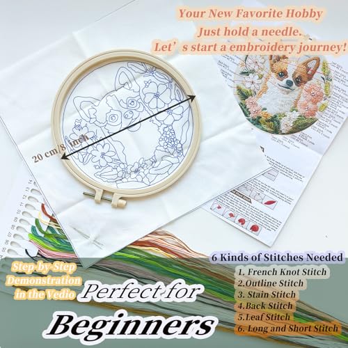 Image of FONNUY Chihuahua Dog Floral Embroidery Kit, Cross Stitch Kits for Beginners, Handmade Crafts with Printed Patterns for Beginner Adults, Easy to Follow Color Thread Needlework, 8'' Hoop (Loyal Dog)