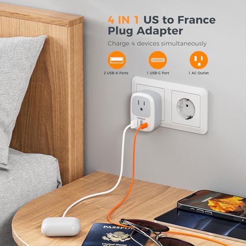Image of Type E F Plug Adapter USB C, TESSAN Germany France Power Adaptor, Schuko Outlet with 3 USB Ports, Travel Plug for US to Europe EU Spain Iceland Korea Greece Russia German French