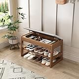 IUNVR Shoe Rack Bench with Cotton-Linen Cushion 2-Tier Wooden Storage Bench 550lbs Compact Simple & Modern Design for Entryway, Hallway, Bedroom, Living Room, Closet, Front Door Entrance, Foyer