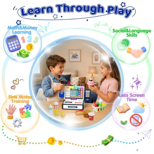 Image of LED Calculator Cash Register Toy - Pretend Play Set Kids Cash Register with Scanner, Microphone and Credit Card, Math Skills Toy for 3, 4, 5, 6 7 8+ Year Old Boy Girl