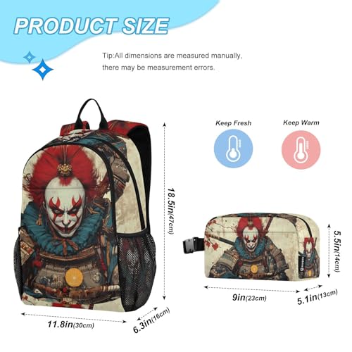 Hallowmas Warrior Clown Backpack Lunch Bag Set for Travel Hiking Picnic, Backpacks with Insulated Lunch Box2