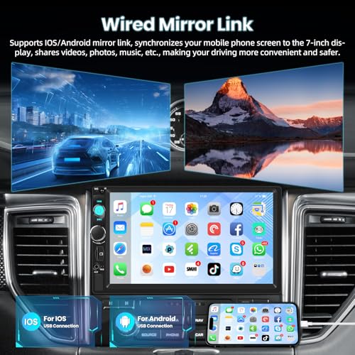 NHOPEEW Double Din Bluetooth Car Stereo - 7 Inch Touch Screen Car Radio - Mirror Link for Android/iOS/EQ Audio/FM Radio/Steering Wheel Control/USB/Color Key Light + 12leds Backup Camera