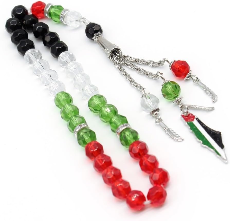 Asbih 33 10mm - Islamic prayer beads, Tasbeeh, Sibha, Muslim Mala Masbaha, Misbaha, Tesbih, Tespih, Dhikr Beads, Prayer Beads Trouble Beads Palestine Flag Colour Crystal Glass