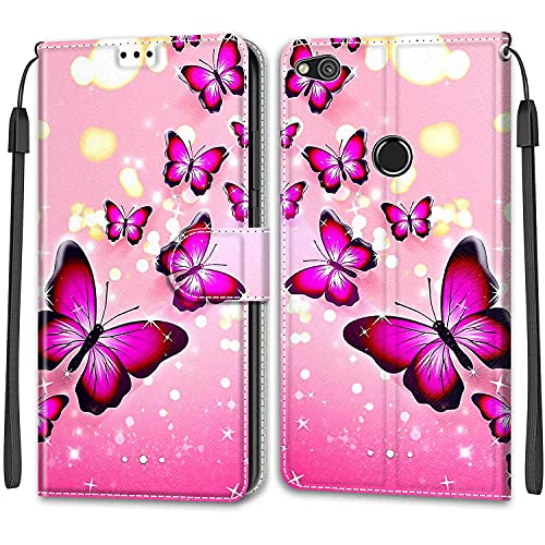 Compatibile con Huawei P8 Lite 2017,PU Pelle Case Telefono Custodia Magnetica Protettiva AntiGraffio Portafoglio Cover Supporto Custodia per Huawei P8 Lite 2017 Farfalla Rosa