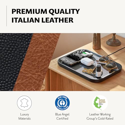 COURANT MAG:3 Classics Charger and Tray - Italian Leather, Multi-Device Charger Compatible with MagSafe iPhones 16, 15, 14, 13, 12 or Wireless AirPod Cases (Saddle)