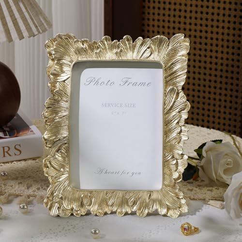 Gold 5x7 Picture Frame, Vintage Gold Palm Leaves Textured Hand-Crafted Resin with Glass Front Elegant Retro Vintage Design Photo Frame for Wall and Tabletop Display Home Decor