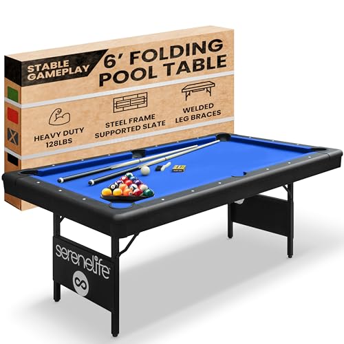 Image of SereneLife Pool Table- Foldable & Portable Billiard Table- Very Sturdy, Includes Pool Balls, Cue Sticks, Triangle, Brush, Chalk- 6 Ft.-Blue