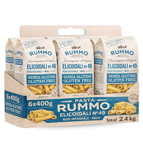 Pasta Rummo Elicoidali SIN Gluten nº 49, Pasta Italiana, Pasta alimenticia con harina de arroz integral y maíz, Sin gluten, Elaboración lenta, Tiempo de cocción 11 minutos, 6 Paquetes de 400 gr