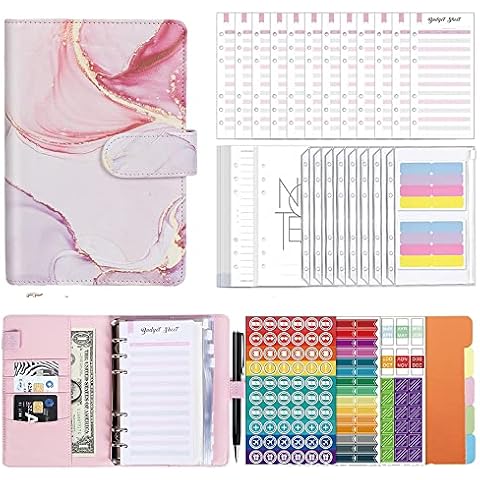 A6 Notebook Budget Binder, FOME PU Leather Refillable 6 Ring Money Saving Binder Money Budget Organizer Loose Leaf Bags Cash Budget Envelopes System for Budget Planner Personal Organizer Cover