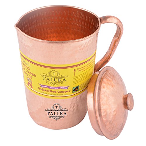 Image of Taluka (4.5 inch x 9 inch Inches) Handmade Hammer Copper Jug for Water Drinking Pitcher || 2000 ml Storage Serving| Home Hotel Restaurant Tableware Drinkware