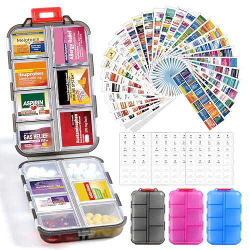 3 Pack 14 Grids Travel Pill Organizer Box with 415-Pcs Medicine Name Labels - Pocket Daily Pharmacy Case Container Kit - Travel Medication Holder Dispenser for Fish Oil Vitamin Supplement - Clear