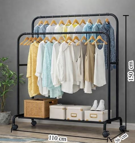 Image of HIWARE Metal Multifunctional Garment Stand Cloth Rack Freestanding Storage Organizer Stainless Steel Spider Strainer Ladle, 5.4 Inch - 150 x 110 x 40 CM ((Rail-Black)
