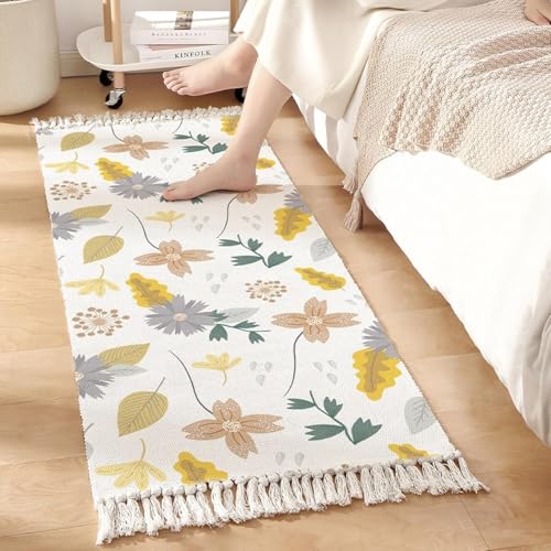 Image of SAGON 2x5 Ft Printed Runner Carpet - Cotton Bedside Rug for Bedroom & Living Room (Vintage Yellow Floral Pattern)