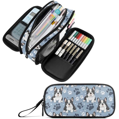 Image of Fustylead Cute Cartoon French Bulldog and Paw Print Large Pencil Bag Storage Pen Case Makeup Pouch Stationery Bag for School College Office Organizer