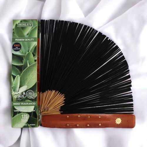 Image of HOSLEY Incense Sticks with Wooden Holder|120 Sticks Sage & Citrus Natural Fragrance|Infused with Essential Oils Agarbatti Sticks|Perfect for Home, Pooja,Meditation(Pack of 1)