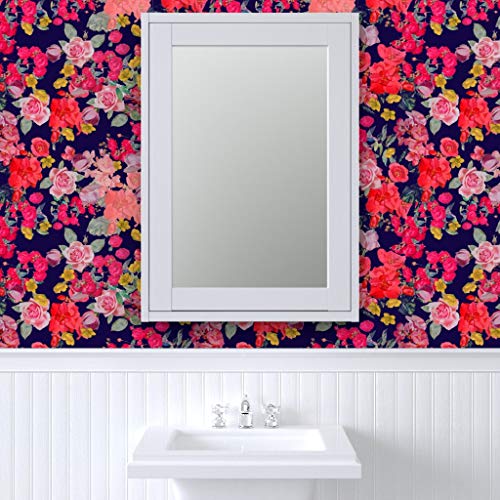 Spoonflower Peel & Stick Wallpaper 12Ft X 2Ft - Antique Floral Print Navy Coral Pink Red Flowers Vintage Pretty Roses Custom Removable Wallpaper #TOP4