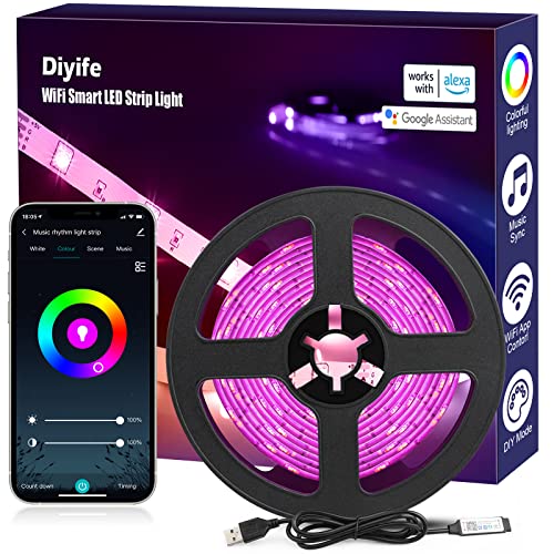 Diyife® WiFi LED Strip [App/Speaker Control], 3M RGB LED Strip, 90 LED Cuttable Light Strip met Timer Functie, Muziek & Stem Sync naar TV, Party, Keuken, Game Room [Energie Klasse A++]