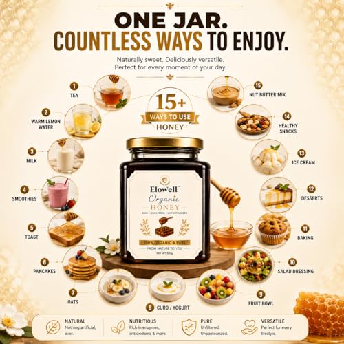 Image of ELOWELL Raw Organic Honey (500g) - Pure Honey, Unprocessed, 100% Natural | Own Farm Sourced | Natural Ingredients | Antioxidants | Supports Immunity | No Added Sugar | Premium Storage | Daily Wellness