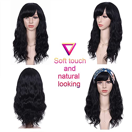 Wignee 100% Virgin Human Hair Natural Wave Wigs With Bangs Brazilian Human Hair Wave Wigs Natural Black Color (16 Inch) #TOP1