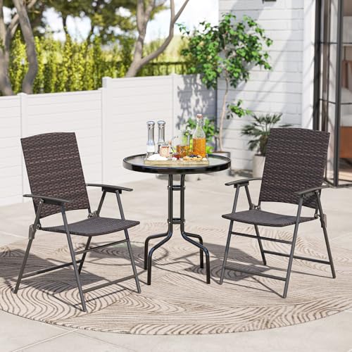 Image of Tangkula Outdoor Folding Chairs Set of 2, Patio PE Wicker Dining Chairs with Armrests and Metal Frame, Portable Lawn Chairs for Garden, Porch, Balcony and Camping, Fully Assembled (1, Mix Brown)