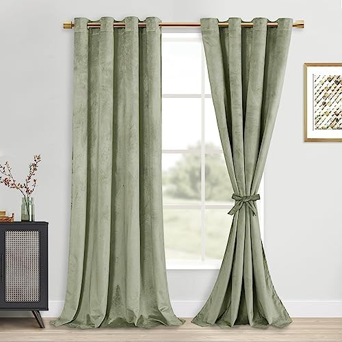 DWCN Light Sage Velvet Curtains 84 Inches Length with Tiebacks – Grommet Bundleable Window Treatments Room Darkening Privacy Protect Drapes for Bedroom Living Room Home Decor, W52 x L84, 2 Panels