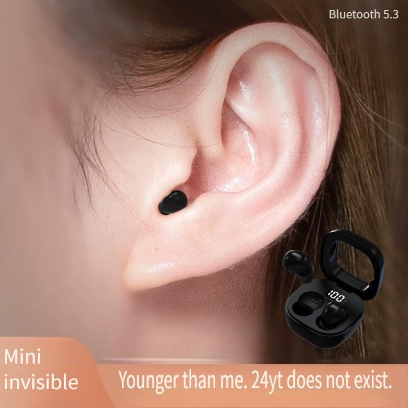 Close-up of an ear with a small, black SK19 Sleep Earbud inserted, showing its mini and invisible design.
