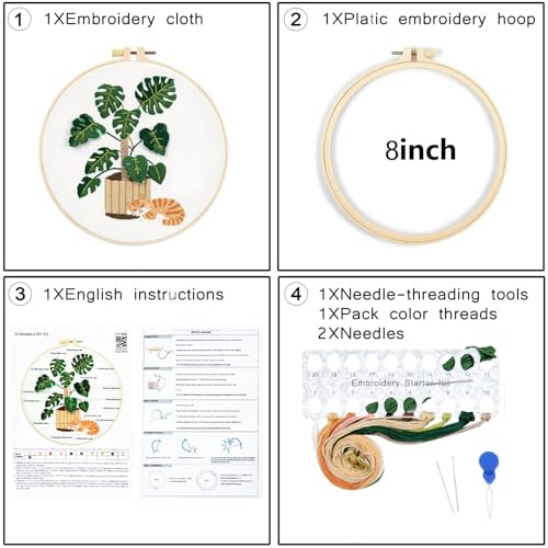 Image of Monstera Embroidery Kits for Beginners Adults, Cat Hand Embroidery Kits, Potted Plant Cross Stitch Kits for Beginners DIY Craft Kits for Adult Women, Entire Set of Embroidery Supplies & Video Tutorial