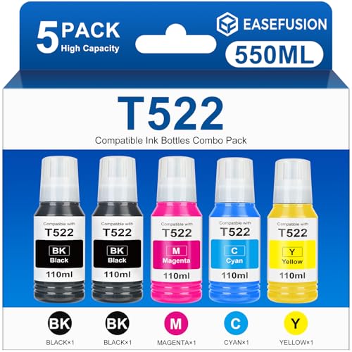 EaseFusion 522 High Capacity Ink Refill Bottle (5-Bottles) Replacement for Epson 522 Ink Works with EcoTank ET-2800 ET-2803 ET-2400 ET-4800 ET-4700 Printers 550ml Total Black and Color Combo