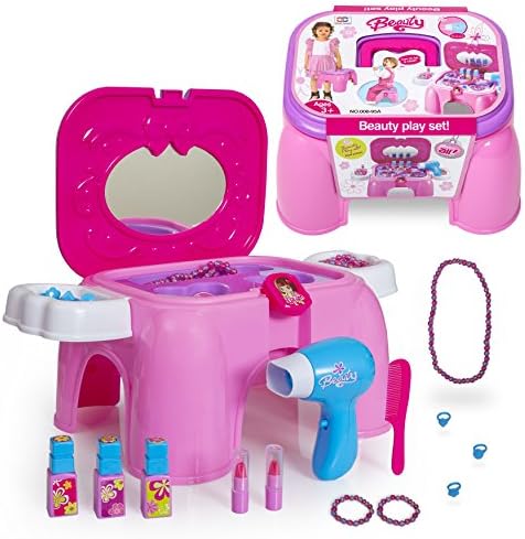 Next Milestones Girls Vanity Makeup and Stool Seat with Jewelry Toy Set, Hair Dryer Toy with Sound, Hair Brush, Necklace, Lipstick, Nail Polish, Mirror and More