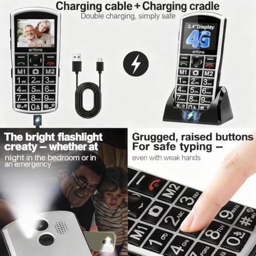 artfone A400 Silver - 4G Big Button Mobile Phone for Elderly丨USB-C, Charging Dock丨1800mAh Battery丨Easy to Use丨2MP Camera丨2.4‘’ Display丨SIM Free Unlocked Senior Mobile Phone丨SOS Button丨Dual-Nano SIM - Image 4