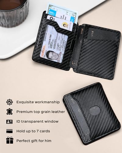 Slim Wallet for Men | Rfid Blocking Bifold Minimalist Front Pocket Wallets | Compact Full Grain Leather ID Credit Card Wallet | Magnetic Closure | Ultra Thin (Carbon Fiber Black)2