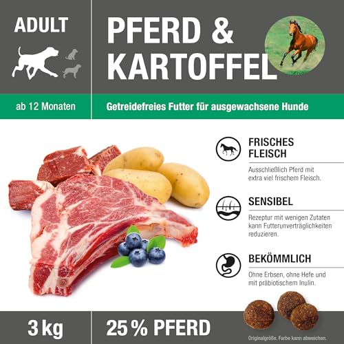 Pferd & Kartoffel Adult 3 kg |Getreidefreies Trockenfutter | Monoprotein Pferd| von Tierärzten entwickelt | Hundefutter mit frischem Fleisch | Premiumfutter für Hund