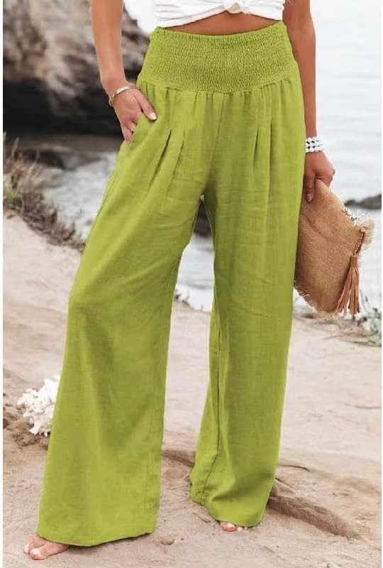JIELAFIC Linen Pants for Women Wide Leg Elastic High Waisted Palazzo Pants Lounge Yoga Trousers Beach Pants with Pockets (A#Light Green,XL)
