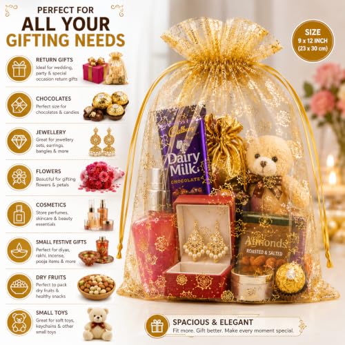 Image of XCLUSY 20PCS (23X30CM)(9x12 inchINCH) Potli Bags for Gifting Big Size - Multipurpose Wedding Return Gift Bags | Party Favour, Birthday, Anniversary, Festive Packing Pouches | Organza, Cloth, Brocade, Fancy Luxury Goodie Bags (9x12 Inch GOLDEN, 1 Count(Pack of 20))
