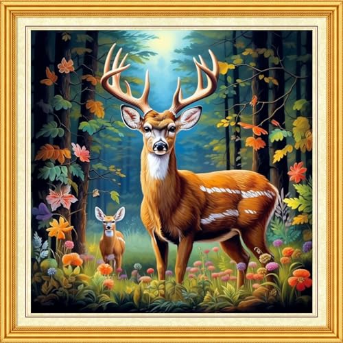 Image of DMCVIVR Stamped Cross Stitch Kits for Beginners Adults Needlepoint Kits for Beginners Embroidery Kits for Adults Crossstitch Kit for Beginners 11CT-Forest Lucky Deer 18x18 inch, ArtKits03