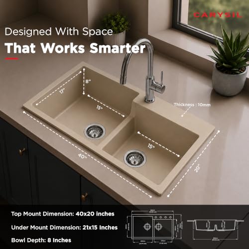 Image of Carysil TIP TOE DB ULTRA Quartz Kitchen Sink 34 x 20 x 8 inches, Single Bowl with Drain Board, 80% Quartz & 20% Resin, Heat Resistant 300C, 50kg Load, Scratch Resistant Granite Sink - Cream