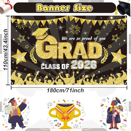 Image of Graduation Decorations, Graduation Banner 2026, Black and Gold Congrats Grad Banner, Large Class of 2026 Grad Sign, We Are So Proud of You Party Backdrop for Yard Wall Door Party Decoration 180*110cm