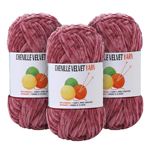 Image of 3 * 100g Velvet Chenille Chunky Yarn for Crocheting, Handcrafts Weaving Soft Chenille Yarn for Crocheting Clearance, Used for Making Baby Yarns Blanket, Clothes, Knitting Creations (Pomegranate)