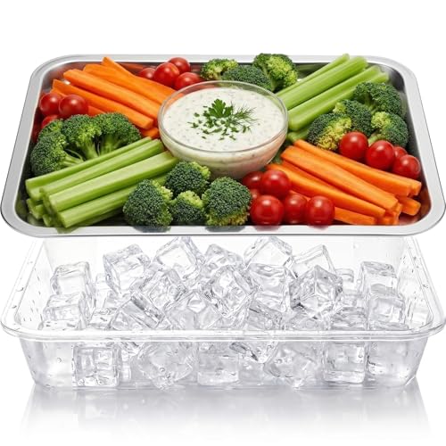 Image of FoldTier 1 Set 14.2" Chilled Serving Trays for Parties with Compartments Stainless Steel Ice Chilled Party Platter Charcuterie Serving Board Cold Dish Dip for Fruits Veggies Shrimp Cocktail