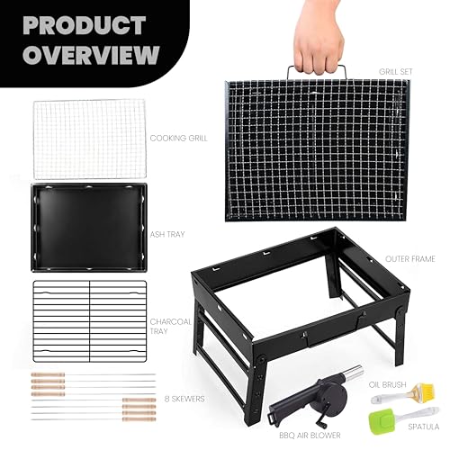 Image of Pivalo New 2025-26 Tandoori Foldable & Portable Charcoal Barbeque Grill Set 【5 Combo】: 【8-Sticks】 【1-Blower】 【1-Spatula】 【1-Oil Brush】 Heavy Duty BBQ for Home Outdoor Camping Picnic Travel Cooking