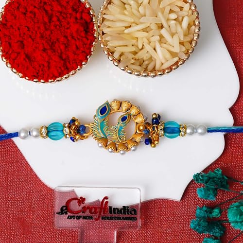 Image of eCraftIndia Peacock Feather Pearl Beads Designer Rakhi for Brother with Gift Combo Set | Raksha Bandhan Rakhi for Bhai Bhaiya Kids Boy | Best Bro Ever Fridge Magnet | Roli Chawal Pack