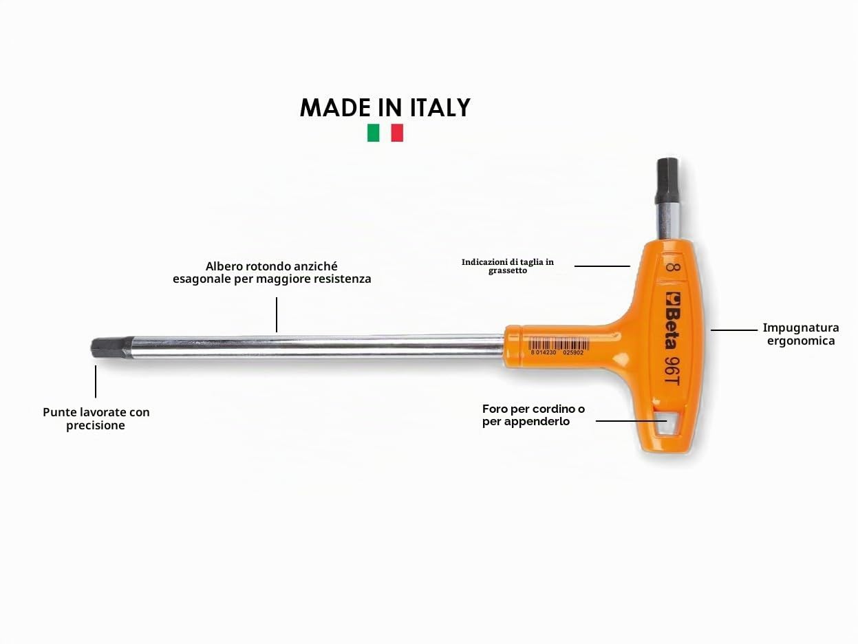 BETA - Serie Chiavi a Brugola con Impugnatura a T Professionali, Chiavi Maschio Esagonali Piegate Cromate Alta Coppia, Impugnatura Ergonomica Antiscivolo, Set 8 Pezzi, 96T/S8